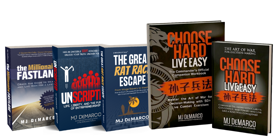 Collection of books by M.J. DeMarco on a white background
