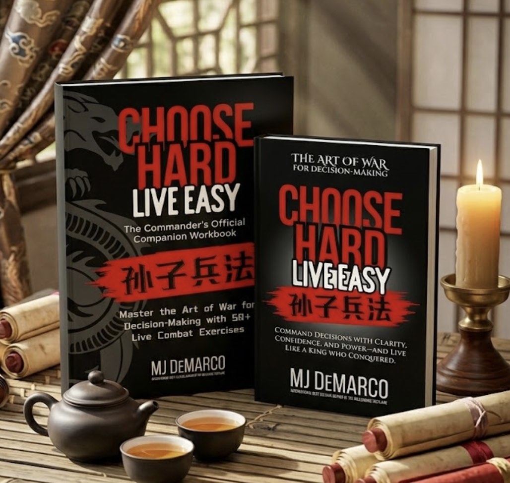 Two books titled 'Choose Hard Live Easy' by MJ DeMarco on a table with tea and candles.