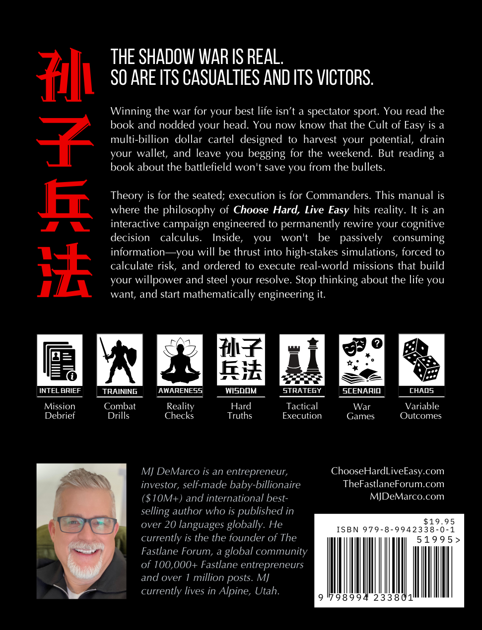 Back cover of a book titled 'The Shadow War is Real. So Are Its Casualties and Its Victors.' with text and icons.
